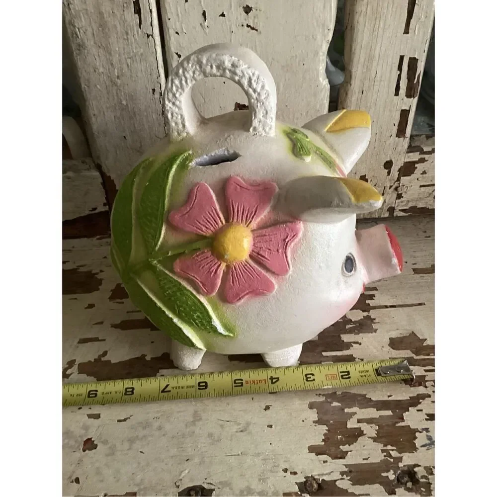 Mexico Folk Art Chalkwsre Plaster Piggy Bank Handmade 1970s Flowers